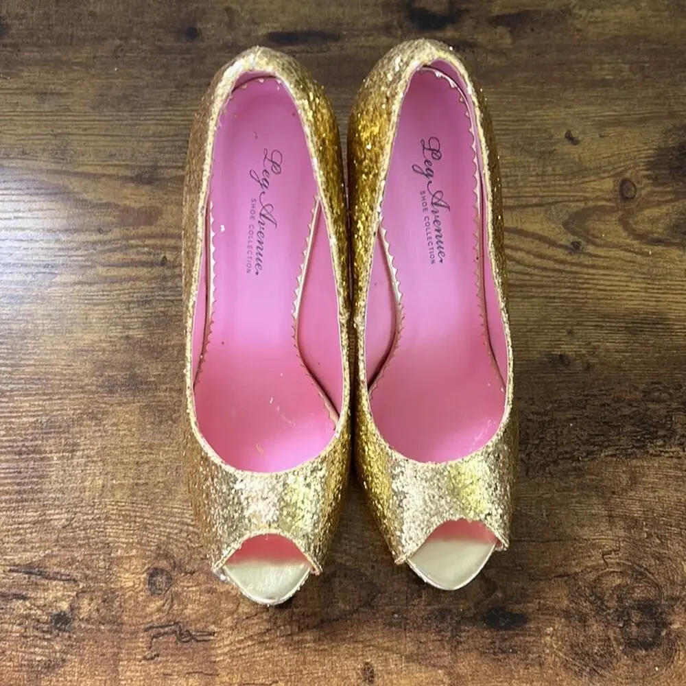 Leg Avenue Ella Gold Glitter Covered Peep Toe Platform